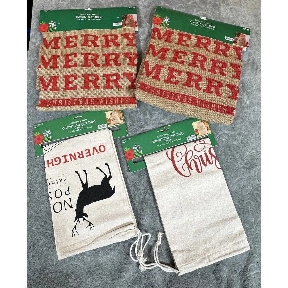 Christmas  Burlap Gift Bags XL Drawstrings 4 Pcs 3 Designs Reusable Santa Deer